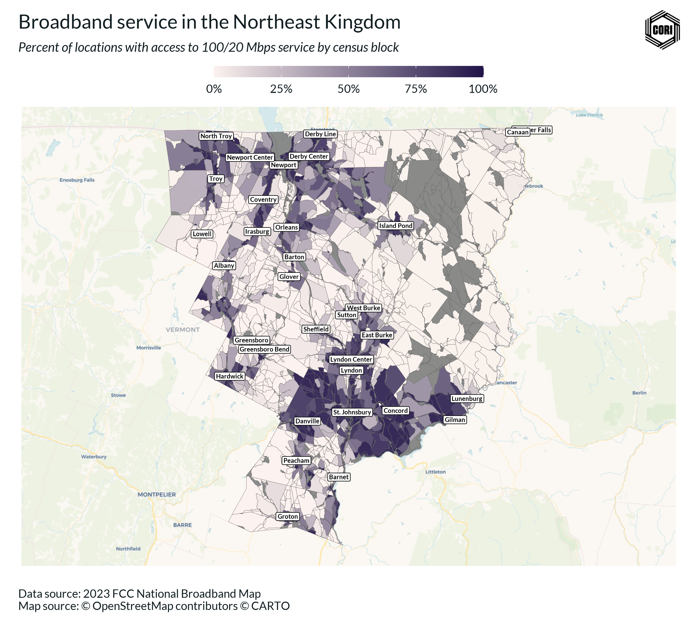 Map of broadband service in the Northeast Kingdom of VT