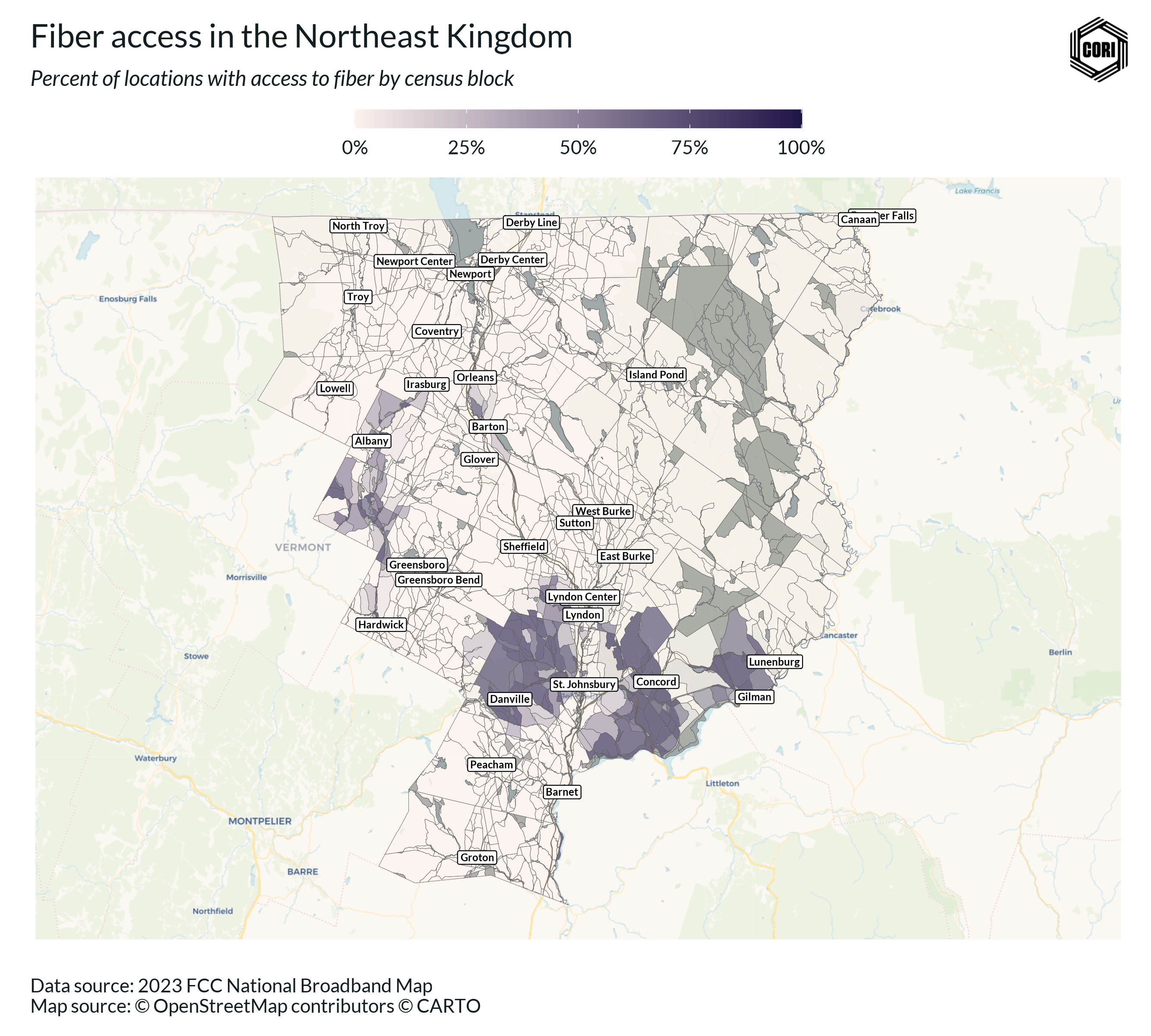 Map of fiber access in the Northeast Kingdom of VT