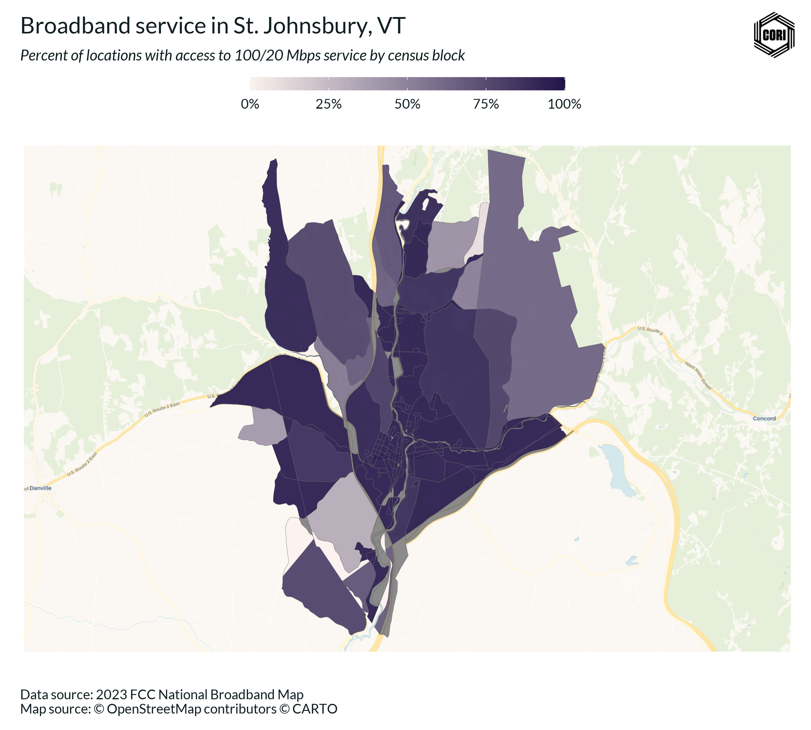Map of broadband service in St. Johnsbury, VT
